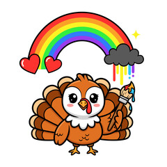 Adorable cartoon turkey character joyfully painting a vibrant rainbow with hearts, cloud, and colorful artistic drips