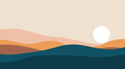 Abstract Landscape Beige, Peach, Teal Waves, Sun Graphic, Minimalist Desert Illustration for Wall Art and Digital Backgrounds 137