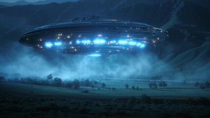 Mysterious UFO hovers over mountain landscape, casting an eerie blue glow on the misty field