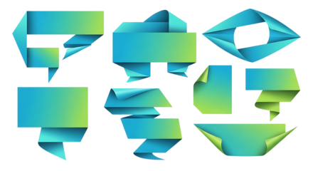 Collection of Folded Origami Gradient Banners and Ribbons on Transparent Background