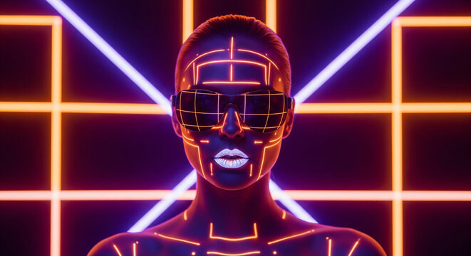 Stylish futuristic woman with glowing neon body art and grid sunglasses against a vibrant laser background