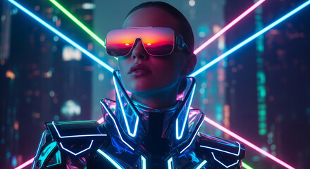 Portrait of a cybernetic woman with a glowing visor, navigating a futuristic neon-lit metropolis at night
