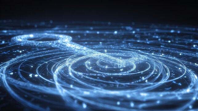 Abstract digital illustration of a glowing key surrounded by luminous swirling lines and sparkling particles against a dark background