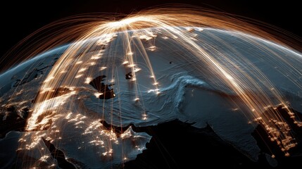 Dynamic Visual Representation of Global Connectivity and Network Data Flow Across the Eurasian Continent with Glowing Light Trails and Digital Elements
