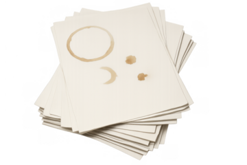 Stack of paper document sheets showing coffee stains and rings, representing accidental spills, mess, and busy office work time