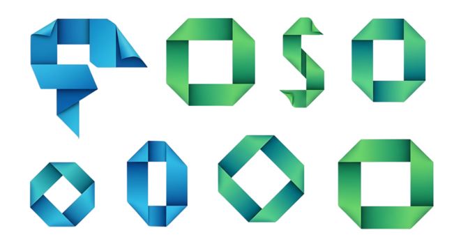 Abstract geometric folded ribbon shapes with gradient colors on transparent background