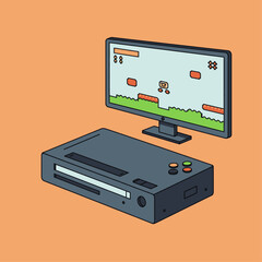 A retro video game console connected to a monitor displaying a pixelated platformer game with a character on a green landscape.