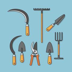 A collection of essential gardening tools including sickles, rakes, trowels, pruning shears, and a hand fork, arranged on a light blue background.