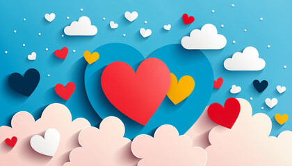vibrant red and blue hearts floating among soft white clouds in a romantic dreamscape