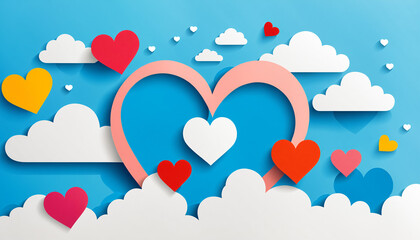 large pink heart outline surrounded by fluffy white clouds and colorful hearts in a blue sky