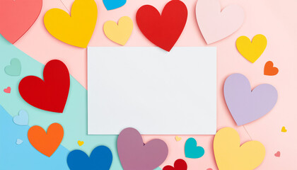 blank white rectangular card surrounded by colorful paper hearts on a pastel split background