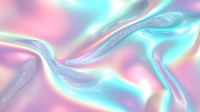Vibrant flowing iridescent holographic background with pastel colors.