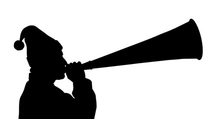 Silhouette of a person in a jester hat blowing a long horn