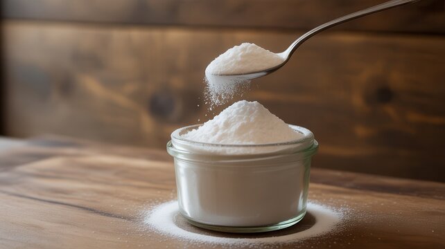 A spoonful of white granular sugar being poured into a clear glass jar on a rustic wooden table, with more sugar piled inside.