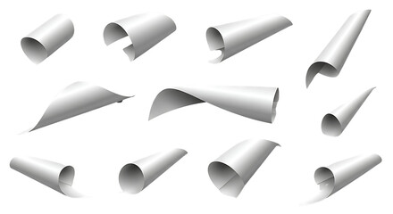 Collection of 3D White Curled and Rolled Paper Sheets on Transparent Background