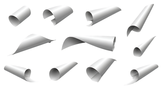 Collection of 3D White Curled and Rolled Paper Sheets on Transparent Background