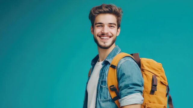 A young man with a backpack, smiling brightly, standing in front of a light green background, embarking on an outdoor journey or vacation.