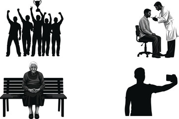 Silhouette vector set showing celebration, medical checkup, elderly solitude, and selfie moment for lifestyle, healthcare, and social themes