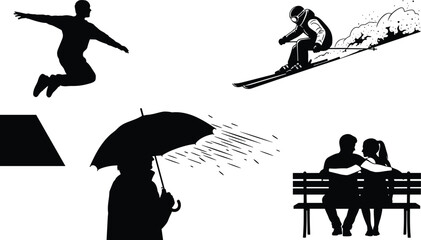Silhouette vector set showing jumping, skiing, umbrella in rain, trapezoid shape, and couple sitting for lifestyle and concept themes