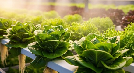 Rows of green and red lettuce growing in a hydroponic greenhouse with bright sunlight. Modern farming for healthy, organic food production.