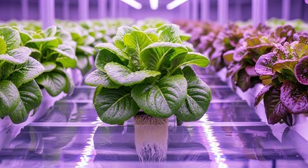 Rows of green and red lettuce growing in a hydroponic greenhouse with bright sunlight. Modern farming for healthy, organic food production.