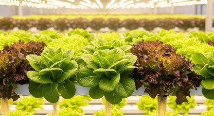Rows of green and red lettuce growing in a hydroponic greenhouse with bright sunlight. Modern farming for healthy, organic food production.