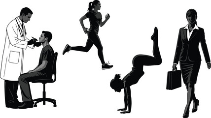 Silhouette vector set showing doctor checkup, running, handstand poses, and business walking for lifestyle, health, and professional themes