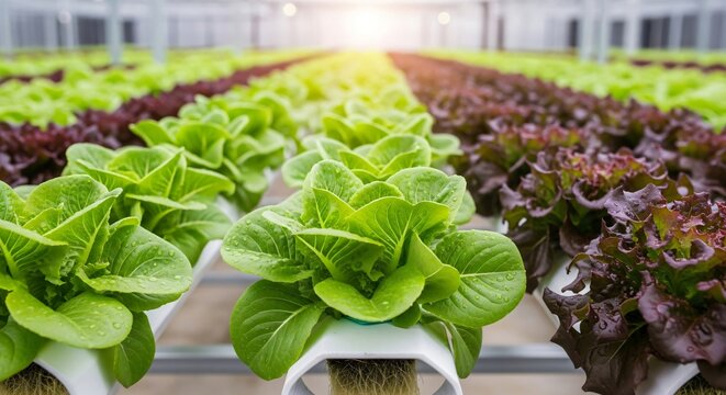Rows of green and red lettuce growing in a hydroponic greenhouse with bright sunlight. Modern farming for healthy, organic food production. - Powered by Adobe