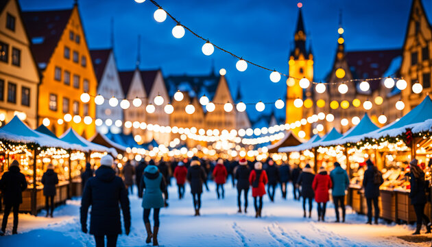 crowded winter christmas market with snow and string lights in historic town square