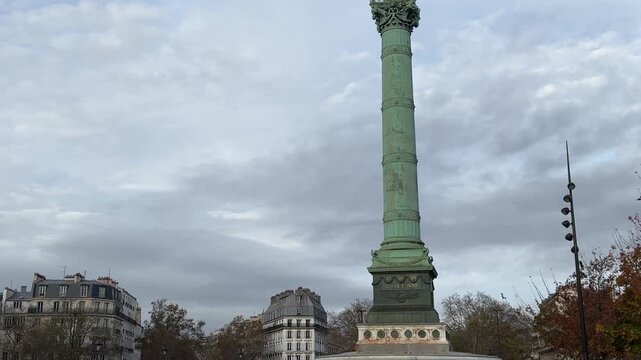 Place de la Bastille in Paris, France, a historic square with bustling streets, monuments, and urban activity, ideal for travel, cityscape, and European heritage footage.