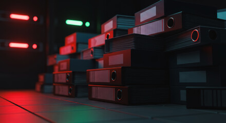 A collection of neatly arranged, red-labeled binders creates a powerful visual statement on a dark, mysterious background. The scene exudes an air of confidentiality and data security. 