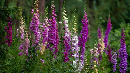 Obraz premium Vibrant purple and pink foxglove flowers blooming in a lush summer garden.