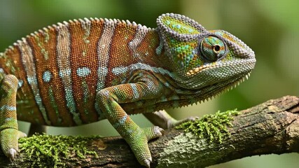 Macro shot of a chameleon on a mossy branch. The reptile displays vibrant green, orange, and blue striped patterns on its skin. Focus is on the creature's detailed texture and scales. - Powered by Adobe