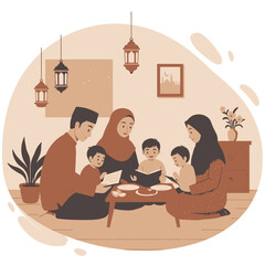 Muslim family reading books together at home, parents and children engaging in a quiet educational activity, surrounded by traditional decor.