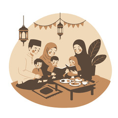 Muslim family reading together at home during a religious celebration, with lanterns and food on the table.