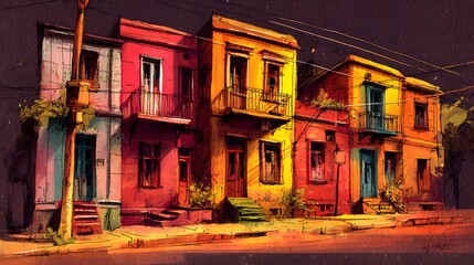 Vibrant row of colorful historic buildings on a city street at dusk.