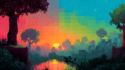 Vibrant Surreal Forest Landscape with Colorful Sunset Reflection.