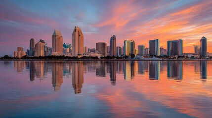 Vibrant Sunset Over the San Diego Skyline with Water Reflection.