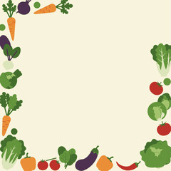 A border frame made of various fresh vegetables on a light background, promoting healthy eating and natural food.