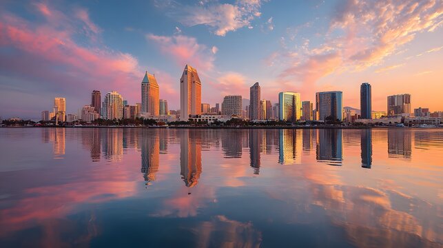 Vibrant sunset over a modern city skyline with perfect water reflections.