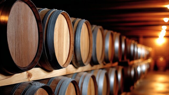 Wine cellar with oak barrels aging showing traditional winemaking process
