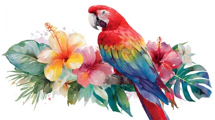 Fototapeta premium Vibrant watercolor illustration of a red macaw parrot perched on tropical flowers and leaves.