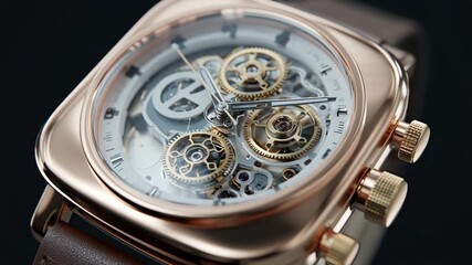 Elegant rose gold skeleton watch with intricate gear movement shows luxury time ticking forward - Powered by Adobe