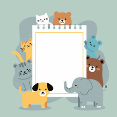 Cute cartoon animals surrounding a blank spiral notepad for notes and messages.
