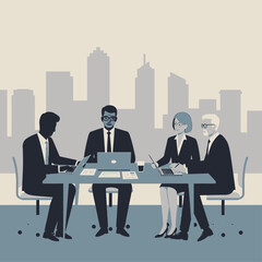 Four business professionals in suits collaborating around a table with laptops and documents, set against a city skyline background.