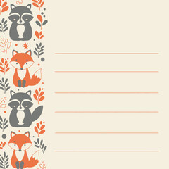 Cute woodland animals border with raccoons and foxes on a beige background with lines for writing notes.