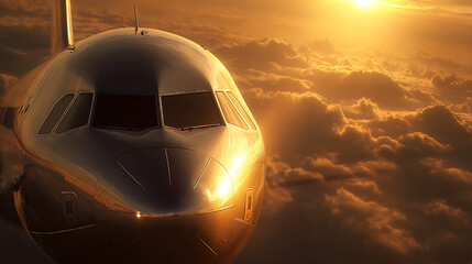 Gleaming aircraft nose against golden sunset sky airplane aviation