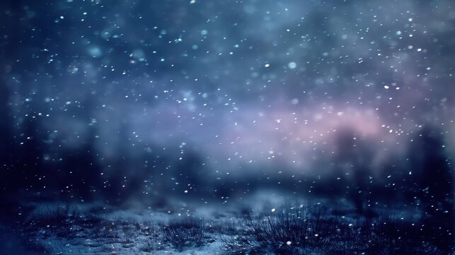 Serene Winter Landscape with Glistening Snowflakes Against a Dreamy Blue and Purple Background during a Snowstorm in a Tranquil Environment