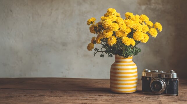 Vintage camera and yellow chrysanthemum flowers in a striped vase on a wooden table.