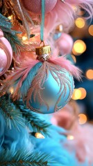 Luxury Turquoise and Pink Christmas Ornaments with Glitter and Feathers. Perfect festive detail for luxury holiday decor themes, romantic and whimsical style. 